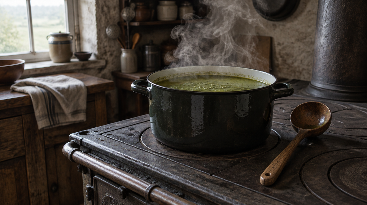 Grüne Suppe dampft in einem Topf auf einem alten Herd (Symbolbild, KI-generiert)