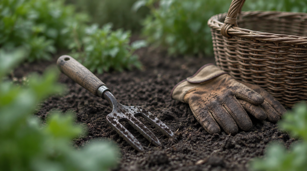 Gartenwerkzeug, Handschuhe und Korb auf einem Gartenbeet (Symbolbild, KI-generiert)