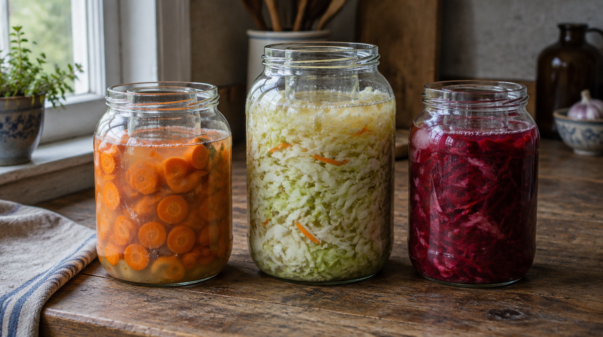 Drei Gläser mit fermentierenden Möhren, Kohl und Roter Bete auf einer Holzarbeitsplatte (Symbolbild, KI-generiert)