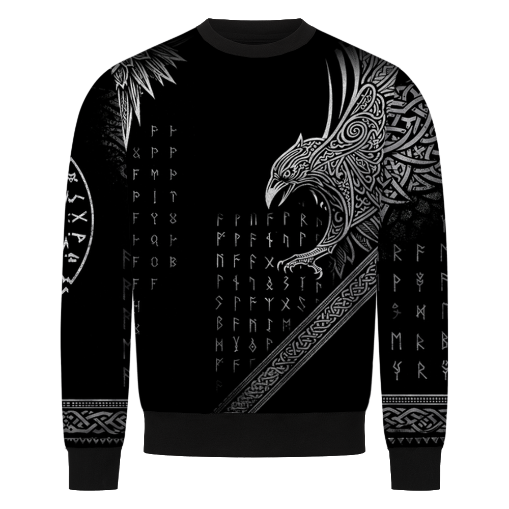 Rabenrunen Wikinger Sweatshirt, Allover-Druck mit Rabe und Runen – Ansicht 1