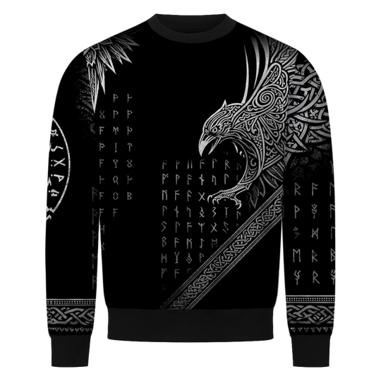 Rabenrunen Wikinger Sweatshirt, Allover-Druck mit Rabe und Runen – Ansicht 1