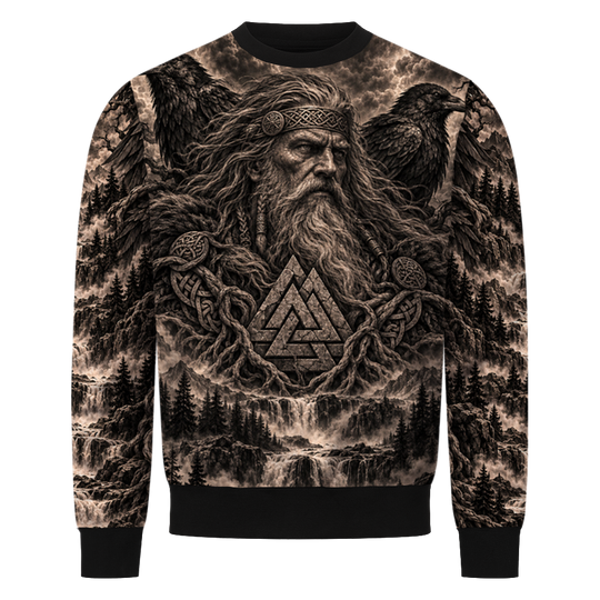 Odins Augen Wikinger Sweatshirt, Vorderseite mit Odin, Hugin und Munin und Valknut