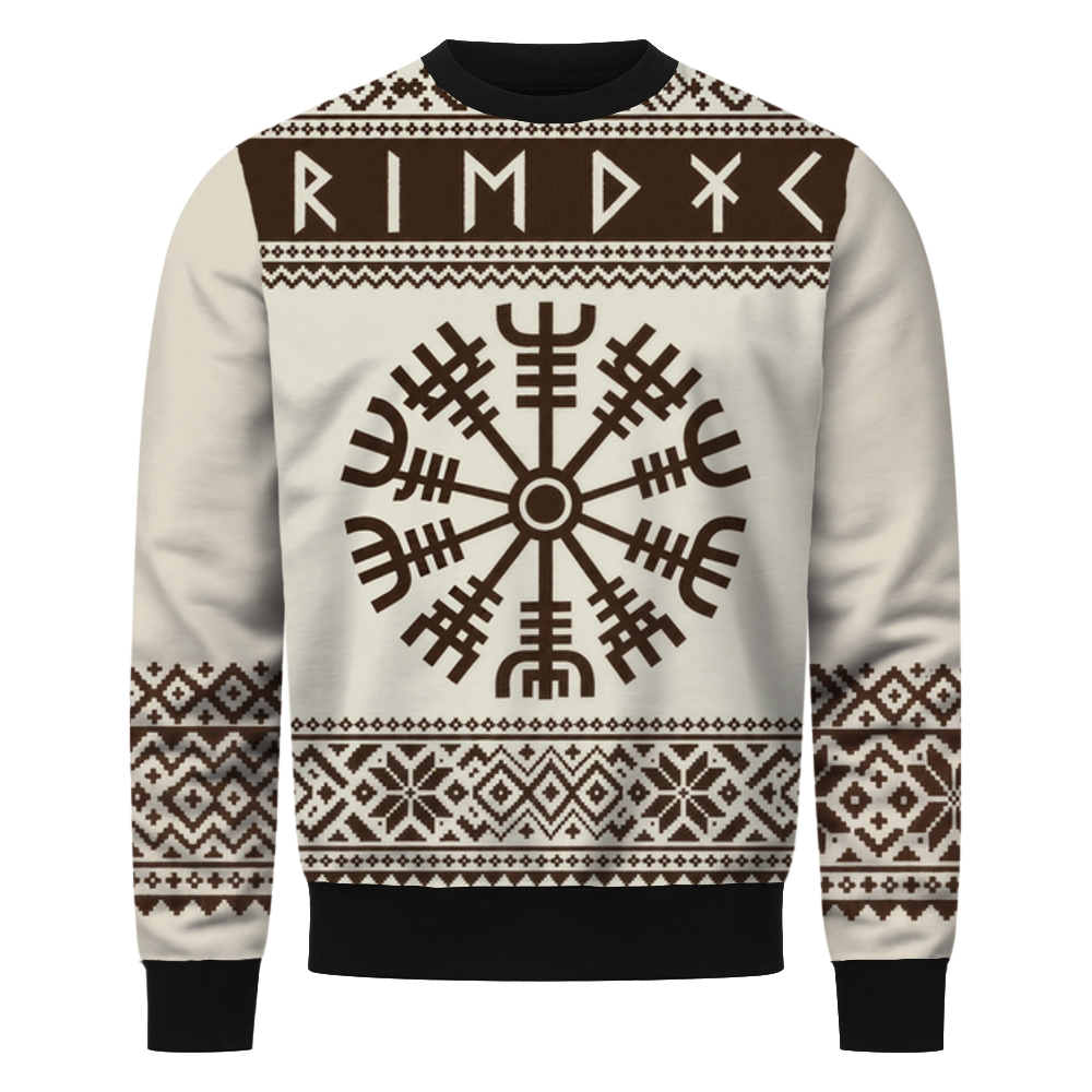 SchneeKompass Wikinger Sweatshirt, Vorderseite mit Vegvísir und Runenreihe in Creme und Braun