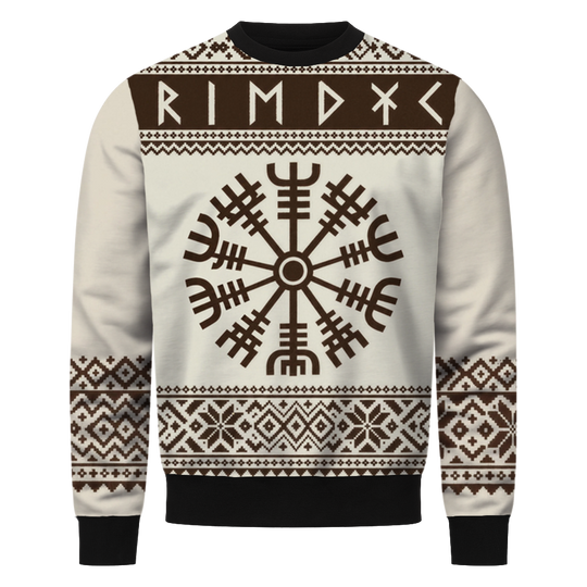 SchneeKompass Wikinger Sweatshirt, Vorderseite mit Vegvísir und Runenreihe in Creme und Braun