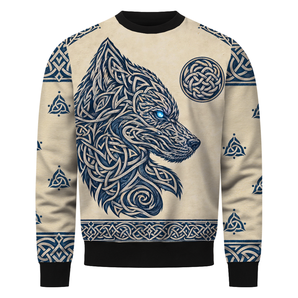 Wolfherz Wikinger Sweatshirt, Vorderseite mit Wolfskopf im Flechtwerk