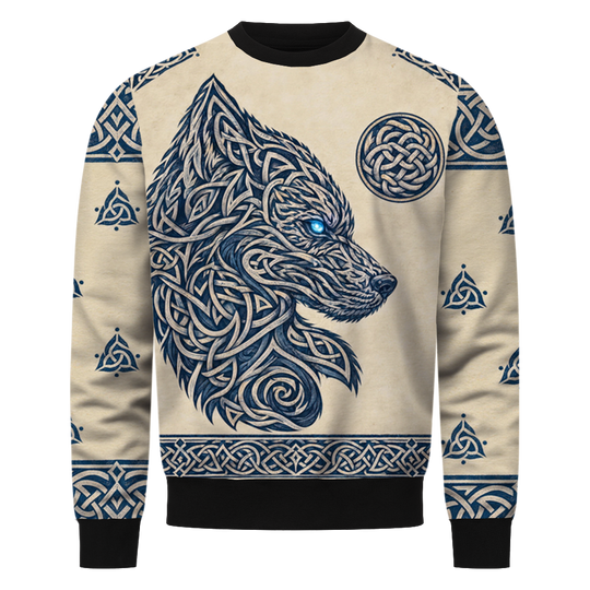 Wolfherz Wikinger Sweatshirt, Vorderseite mit Wolfskopf im Flechtwerk