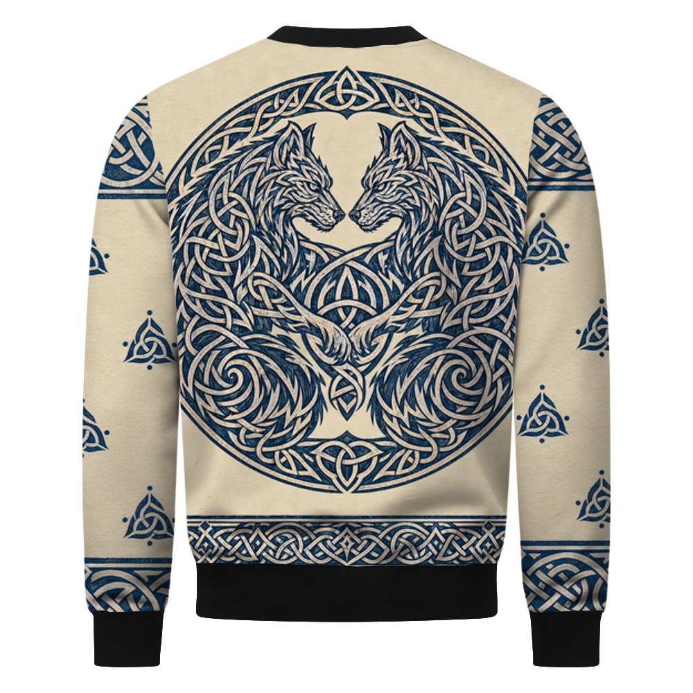 Wolfherz Wikinger Sweatshirt, Rückseite mit zwei Wölfen im Knotenring