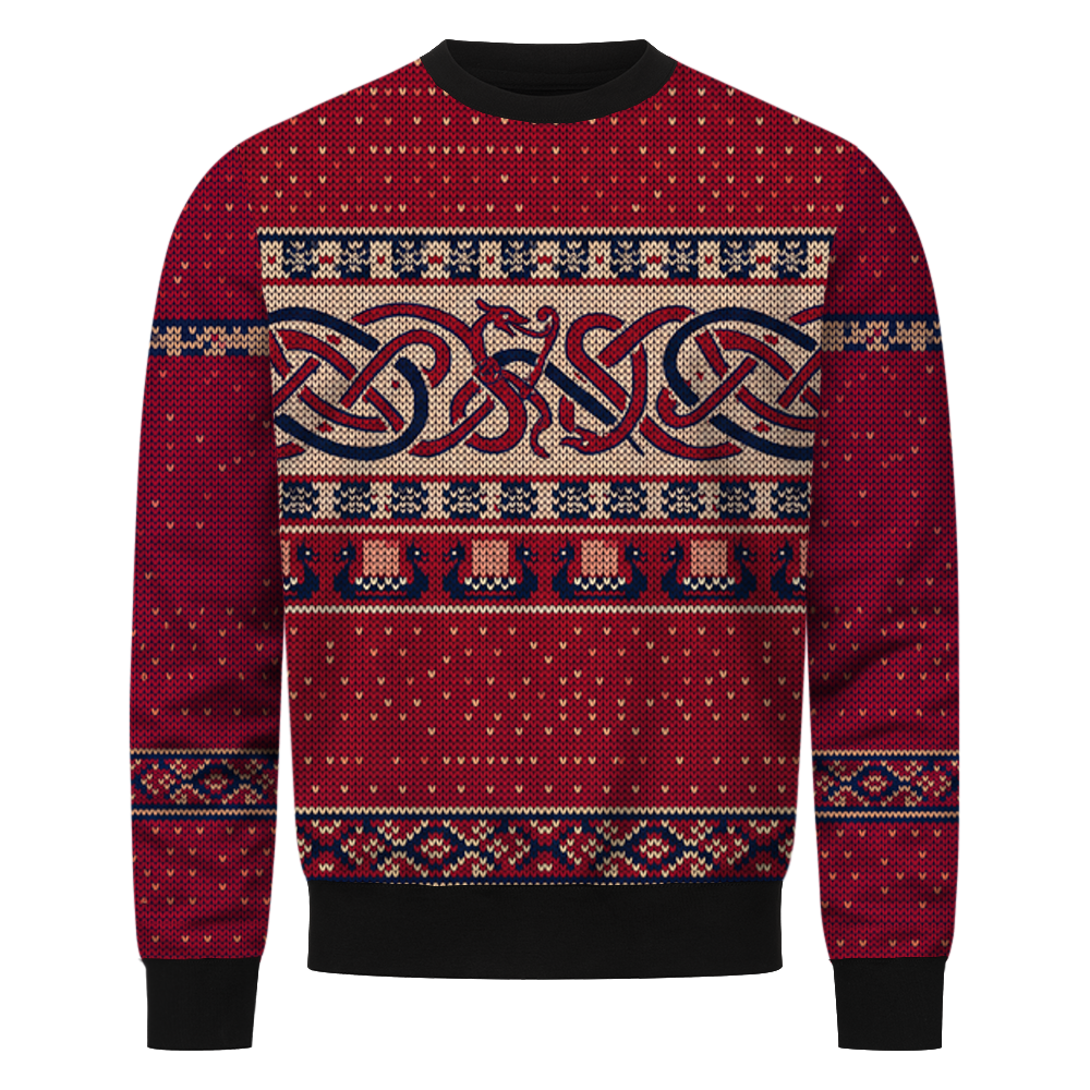 Julblót Wikinger Sweatshirt, Vorderseite mit Drachenknoten und Drachenbooten in Strickoptik