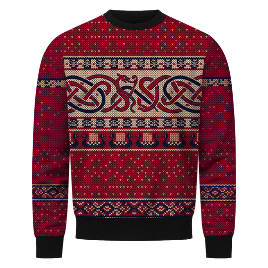 Julblót Wikinger Sweatshirt, Vorderseite mit Drachenknoten und Drachenbooten in Strickoptik
