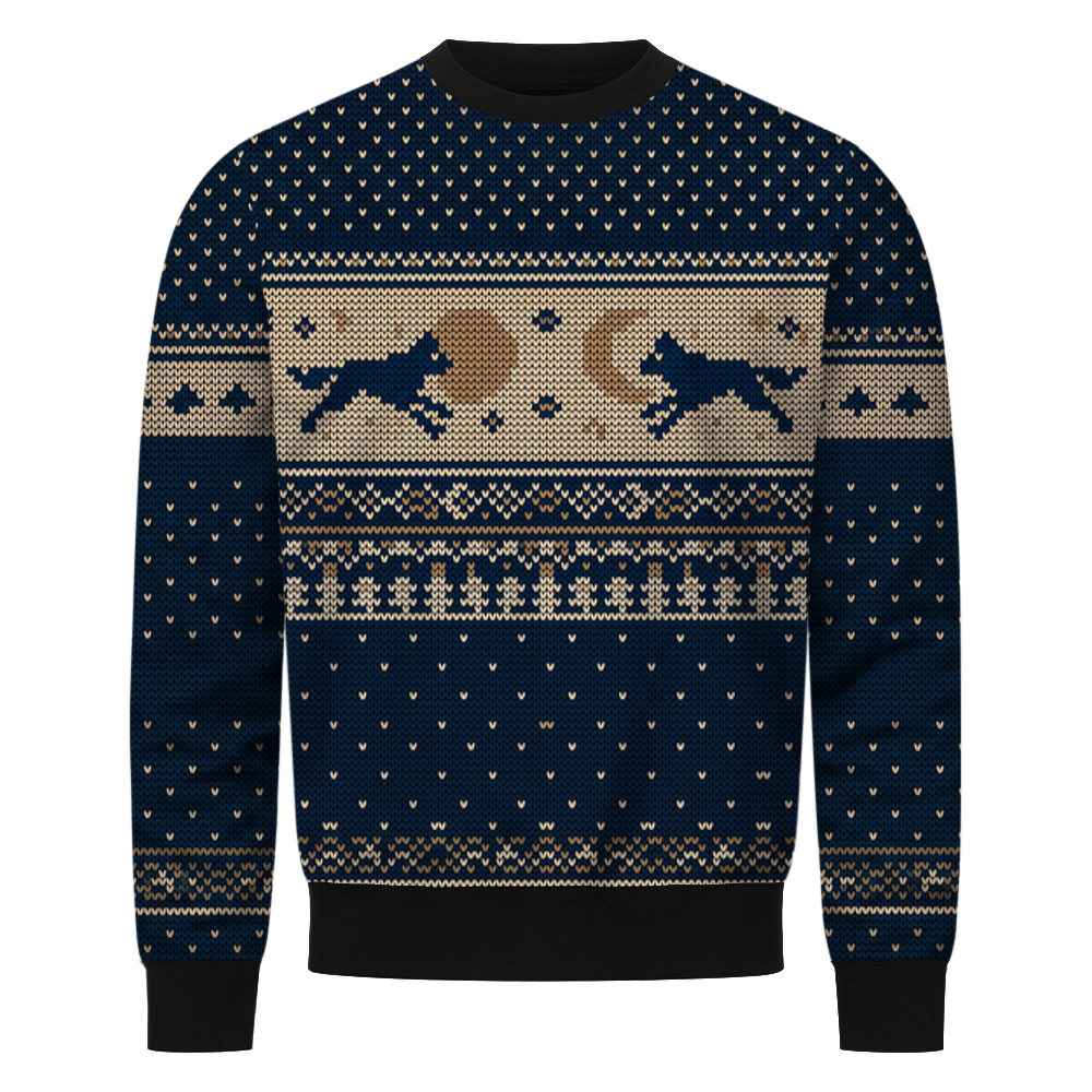 Sköll & Hati Wikinger Sweatshirt, Vorderseite mit Wölfen, Sonne und Mond in Strickoptik