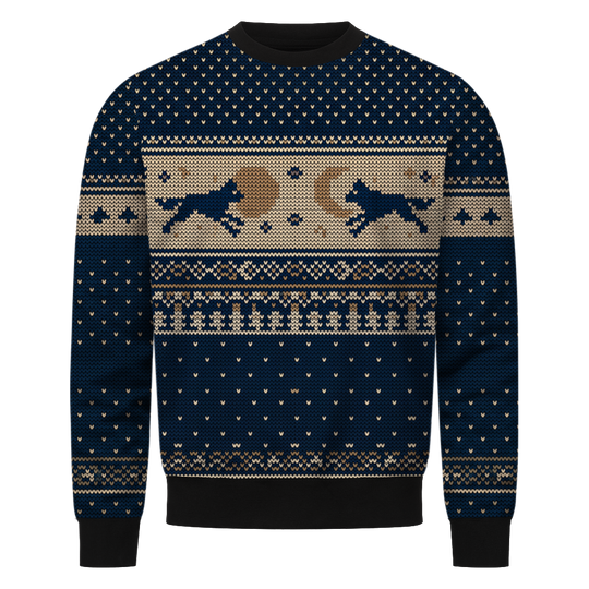 Sköll &amp; Hati Wikinger Sweatshirt, Vorderseite mit Wölfen, Sonne und Mond in Strickoptik