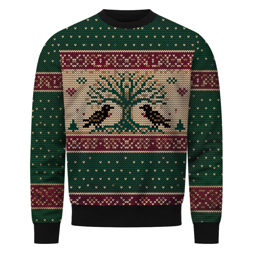 Yggdrasil Wikinger Sweatshirt, Vorderseite mit Weltenbaum und zwei Raben in Strickoptik