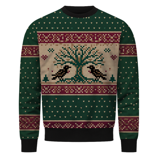 Yggdrasil Wikinger Sweatshirt, Vorderseite mit Weltenbaum und zwei Raben in Strickoptik