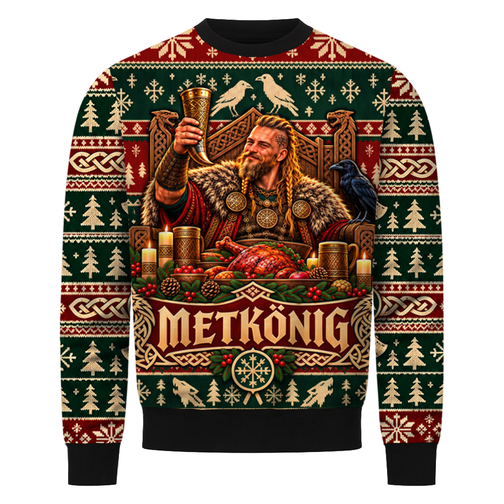 Metkönig Wikinger Sweatshirt, Vorderseite mit Wikinger, Methorn und Schriftzug METKÖNIG in Strickoptik