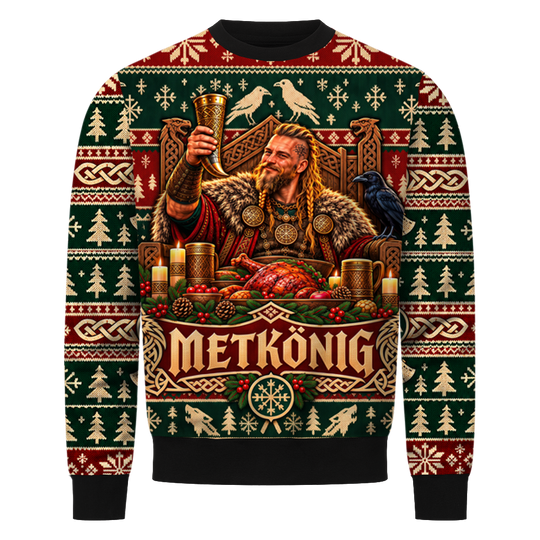Metkönig Wikinger Sweatshirt, Vorderseite mit Wikinger, Methorn und Schriftzug METKÖNIG in Strickoptik