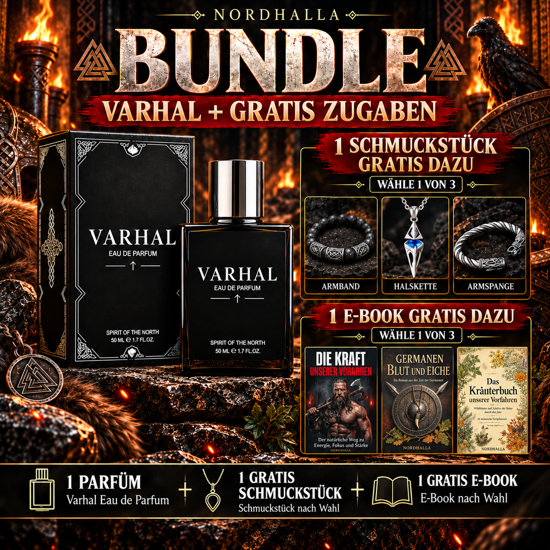 VARHAL Bundle: VARHAL Eau de Parfum mit Flakon und Verpackung, dazu Runen-Armband, Halskette oder Armspange und drei E-Books zur Wahl