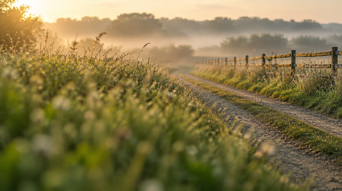 Feldweg im Morgenlicht mit Wildkräutern am Wegrand (Symbolbild, KI-generiert)