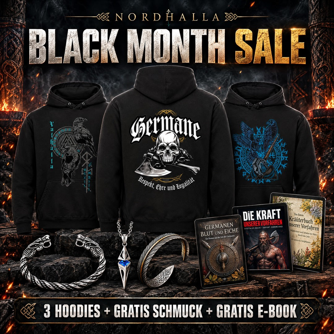 Viking Bundle – 3 schwarze Hoodies (Germane Backprint, Hugin & Munin, Hammerwächter) mit gratis Schmuck und gratis E-Book